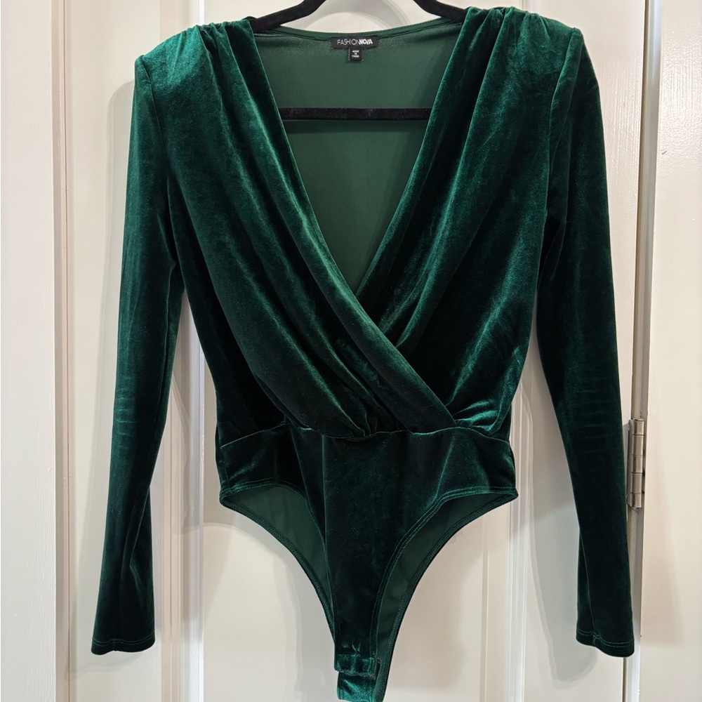 Fashion Nova Deep Green Velvet Bodysuit
